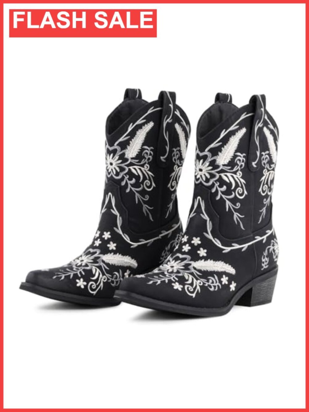 Western Cowgirl Boots Floral Embroidered Chunky Heel Faux Leather Mid Calf